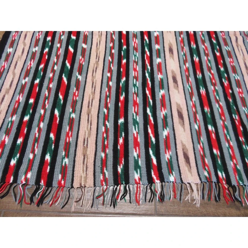Handmade Crochet Southwestern Style‎ Throw Afghan Red Green Black Fringed Boho